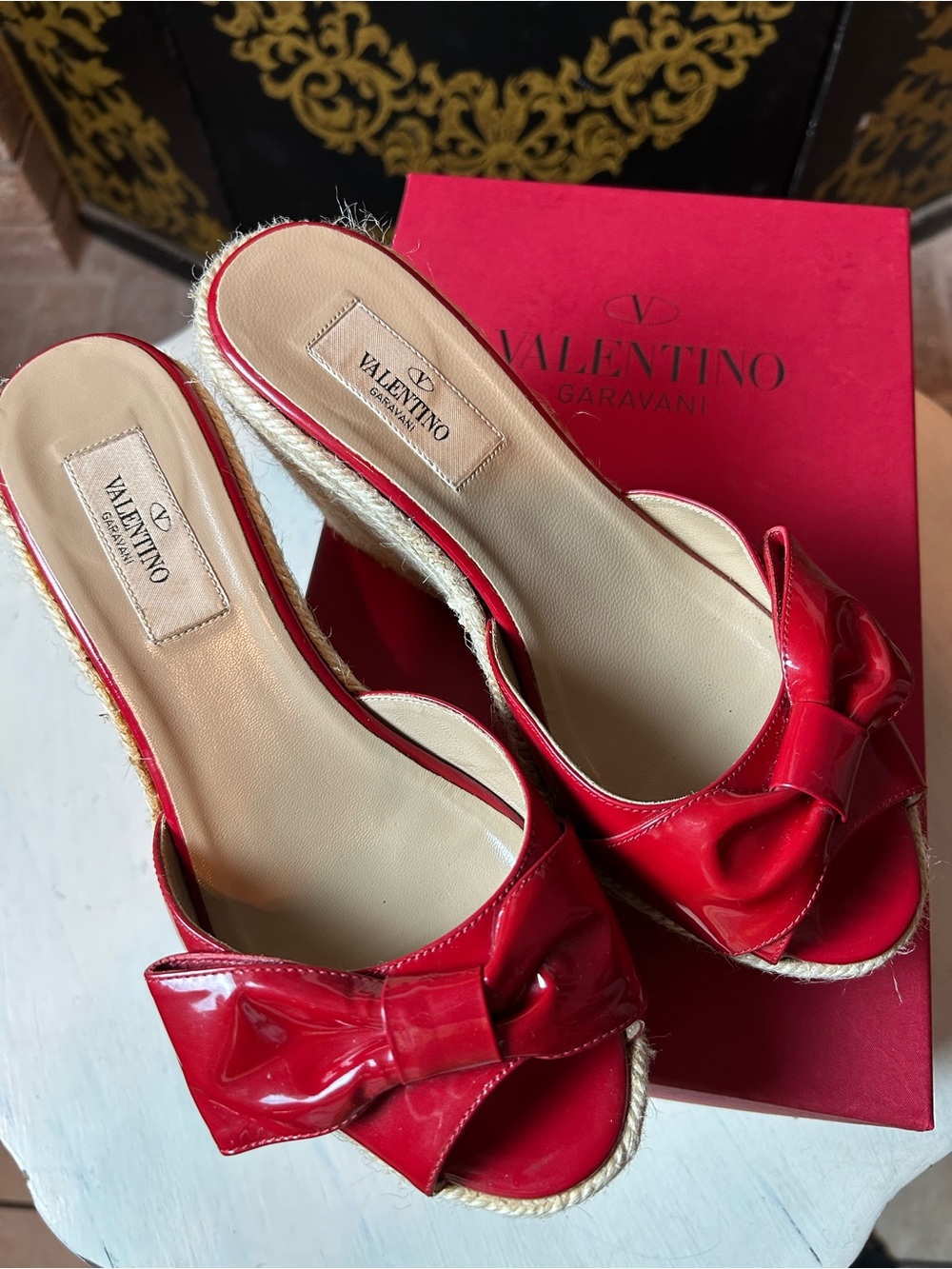 VALENTINO GARAVANI Red Mena Slide Patent Bow Espadrille Heels Box Dust Bag 7 B
